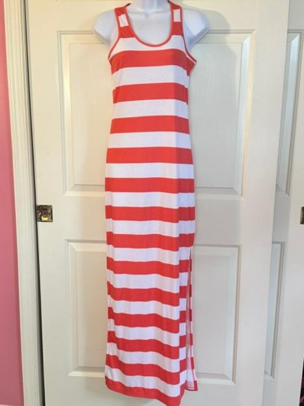 * Michael Kors Orange & White Stripe Sleeveless Maxi Dress Side Slit Women's XS